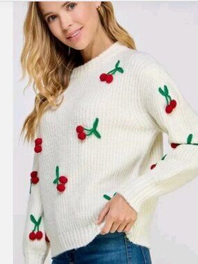 NWT CYNTHIA ROWLEY Cherries Cotton Blend Crochet Cherries Pull Over Sweater